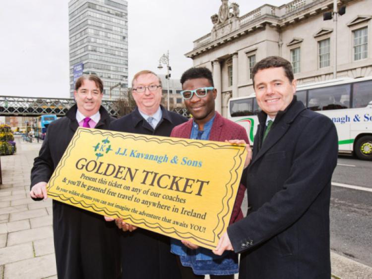 Pictured (L- R)   Paul Kavanagh, MD of JJ Kavanagh & Sons, JJ Kavanagh, MD of JJ Kavanagh & Sons, Timi Ogunyemi, Blogger and Paschal Donohoe, Minister for Transport, Tourism and Sport, at the launch of the new tourist initiative 'Trails of Ireland' to support rural tourism. Pic Angela Halpin