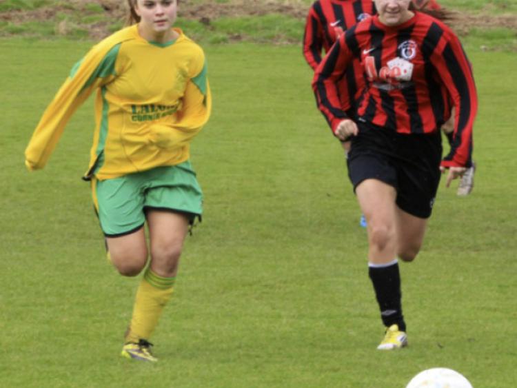 Becky Walsh (left) hit four goals as East End United marched into the Women's Leinster Shield final on Sunday. Photo: Paul Doyle