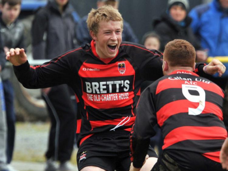 Ryan Bergin (Callan United) celebrates after scoring Callan's first goal with Simon Burke, who would go on to score the second. Photo: Michael Brophy