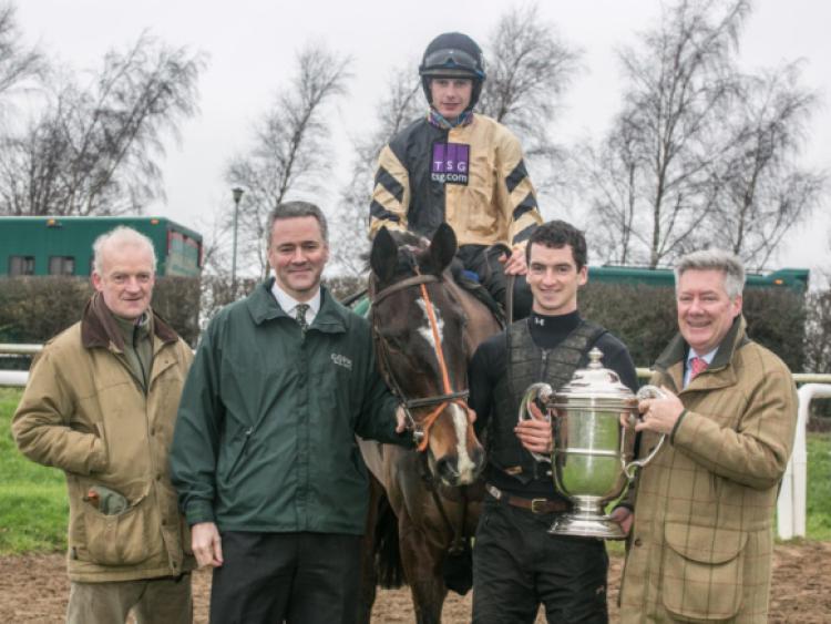 NO REPRO FEE: Pictured at the announcement of details of the 2015 Goffs Thyestes Chase, which takes place at Gowran Park Race Course on Thursday 22nd January and carries a ��100,000 prize pool, were from left: horse trainer Willie Mullins; Henry Beeby, Group Chief Executive, Goffs; Paul Townend on On His Own, 2014 Goffs Thyestes Chase Winners; jockey Patrick Mullins; Joe Connolly, Managing Director, Connolly�"s REDMILLS.  Up to 6,000 attendees are expected to attend the first racing event of the season at Gowran Park that will mark a new century of racing at the Kilkenny race track. Karen Fitzpatrick will also judge the Most Stylish Lady competition offering a luxury ��1,500 Kilkenny city shopping & leisure prize comprising a ��500 voucher for MacDonagh Junction Shopping Centre, a ��500 voucher for Lorimat Jewellers and a ��500 stay & dine package for the Pembroke Hotel. Photo: Pat Moore.