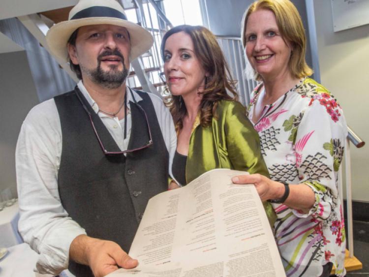 Carol O'Coill, Anne O'Connor and Elinor Mountain pictured at the launch of the Poetry Broadsheet during the Kilkenny Arts Festival last week. Photo: Pat Moore.