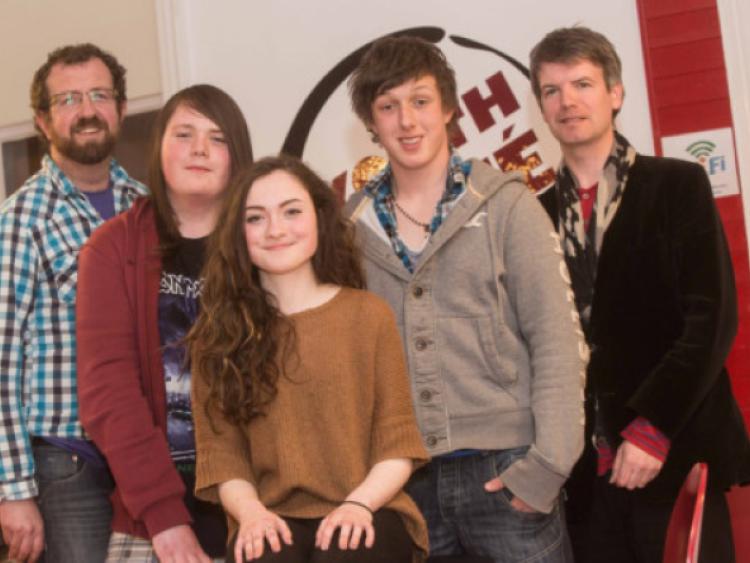 The final of the Desart Hall Youth-Cafe's Acoustipalooza  was held on Saturday evening and pictured here are winners, Emily Tracy (15) and Bill Trait (17) who make up 'The Oreo Milkshake Experience' and runner up Danny Burke with judges, Mick Greene and Canice Kenealy. Photo: Pat Moore.