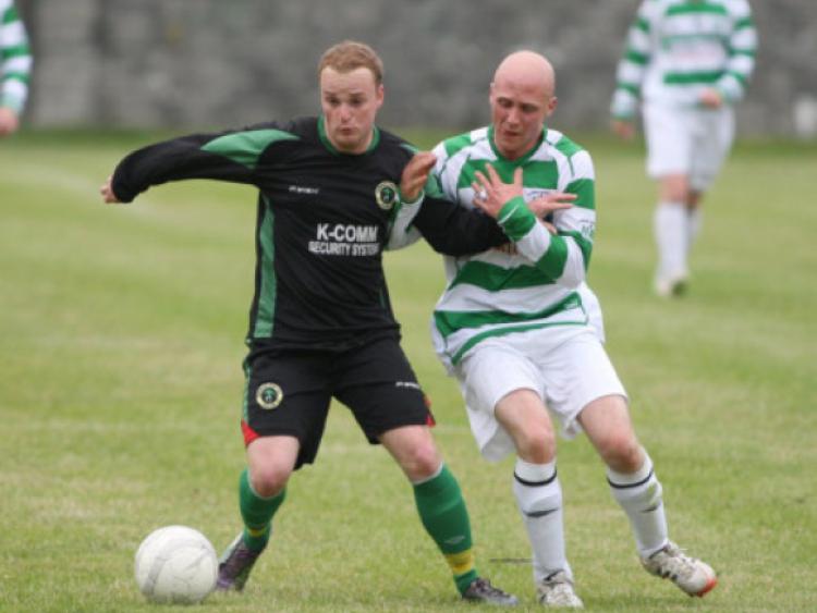Paul Guinan was heavily involved as Freshford Town ran riot in the FAI Junior Cup, putting nine past Kildares Derry Rovers on Sunday. Photos: Eoin Hennessy