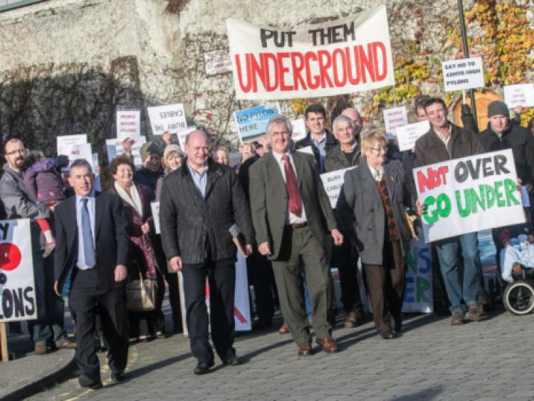 Councillors Matt Doran, David Fitzgerald and Marie Fitzpatrick joined County Council Chairman Pat Dunphy in meeting the protesters against the Eirgrid pylon scheme outside County hall last Monday. Photo: Pat Moore.