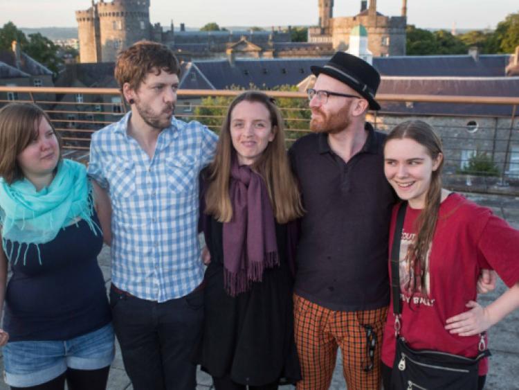 Ready for the Paint Off! Sandra Andersen, Clara Baidel, Paul Young and Julia Brand of Cartoon Saloon with Graffiti artist, Mick Minogue on the roof of the Pembroke Hotel before the Paint Off event last Friday night as part of the IDEATE Festival. Photo: Pat Moore.