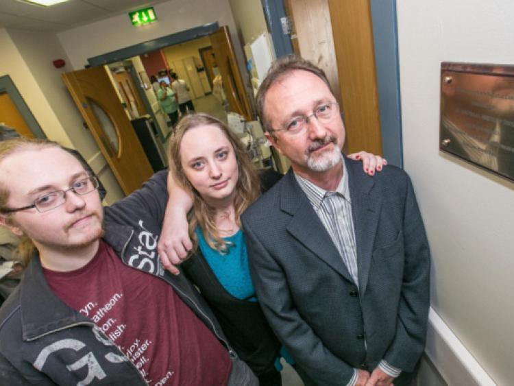 Conor Mac Liam the husband of the late Susie Long as well as Susie's daughter Aine and son Fergus pictured during the opening of six palliative care beds at St Luke's General Hospital in Kilkenny in memory of Susie Long. Photo: Pat Moore.