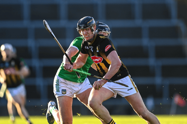 Darragh Corcoran is tackled by Gearoid Hegarty during the Allianz Hurling League Division 1A match between Limerick and Kilkenny at TUS Gaelic Grounds. Photo by Tom Beary/Sportsfile