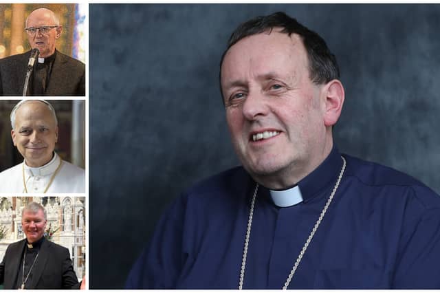 Main: Bishop Ger Nash,. Left: Archbishop Dermot Farrell, Pope Leo, Bishop Niall Coll