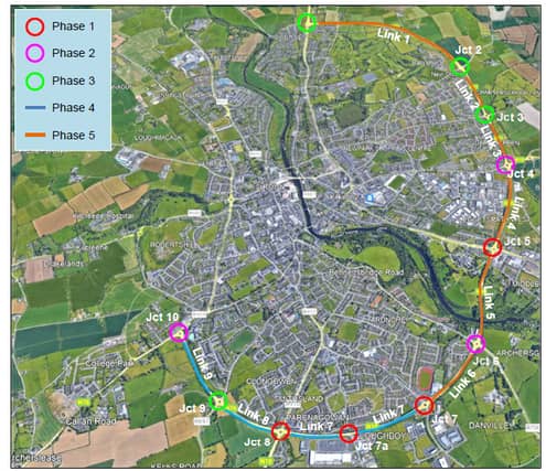 Map of five-phase plan aimed at improving cyclist and pedestrian safety on N10 Ring Road