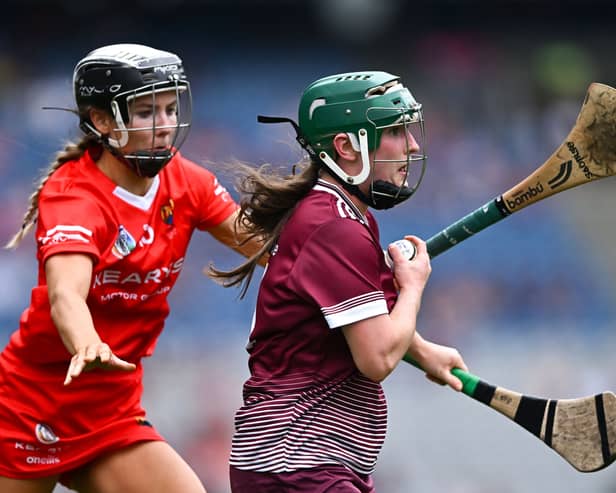 Niamh McPeake of Galway in action against Saoirse McCarthy of Cork during the 2024 Camogie All-Ireland Senior Camogie Championship final | PICTURES: Sportsfile