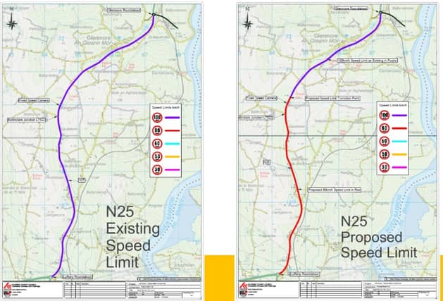 The proposed new speed limit of 80km/h can be seen in red on the map on the right (above) / PICTURE: KILKENNY COUNTY COUNCIL