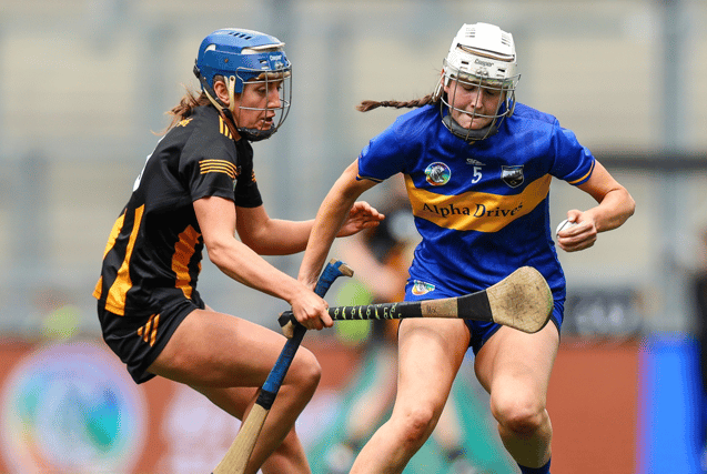 Kilkenny's Mary O'Connell tackles Caoimhe McCarthy of Tipperary during today's Glen Dimplex All-Ireland Camogie Quarter-Final. Picture: ©INPHO/Leah Scholes