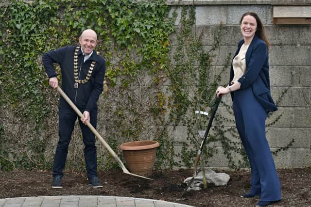 Kilkenny Lions were hosted recently by Scoil Aireagail in Ballyhale for tree planting on their grounds. Lions received a warm welcome from the school principal Helen McTighe (pictured right) and her team including Denis Doyle the Transition year Coordinator and Bobby Hearne, caretaker.