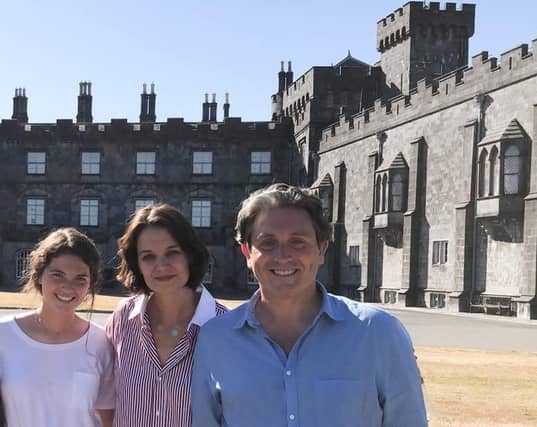 Actress Katie Holmes pictured in Kilkenny this week with local man and friend Brendan Morrissey. Picture: Kilkenny Castle Facebook