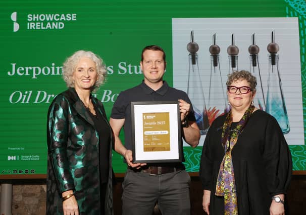 Mary Blanchfield, Interim CEO of DCCI; Showcase Best Product – HOME: Rory Leadbetter, Jerpoint Glass Studio Ltd, for Oil / Dressing Bottle; and Mary Palmer, Chair of Showcase. Photographer: Leon Farr