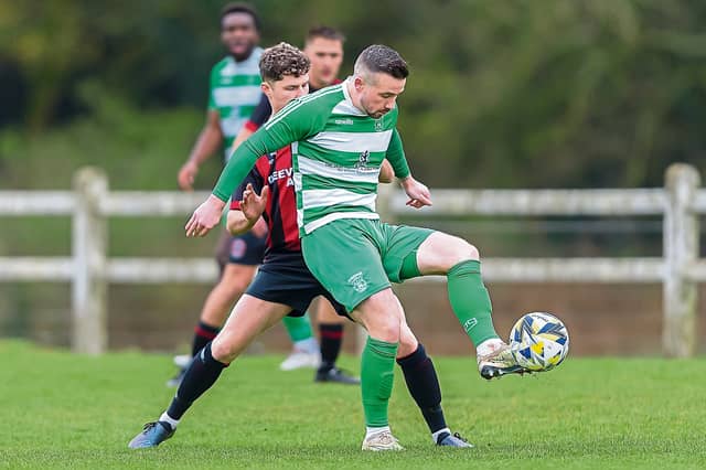 Two penalties from Mikey Drennan saw Evergreen advance in the FAI Junior Cup PICTURE: MARK DESMOND