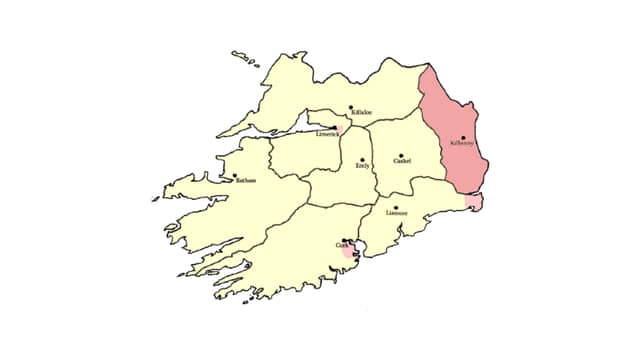 Ossory was a medieval Irish kingdom comprising what is now County Kilkenny and western County Laois, corresponding to the Diocese of Ossory (pictured in deep red)