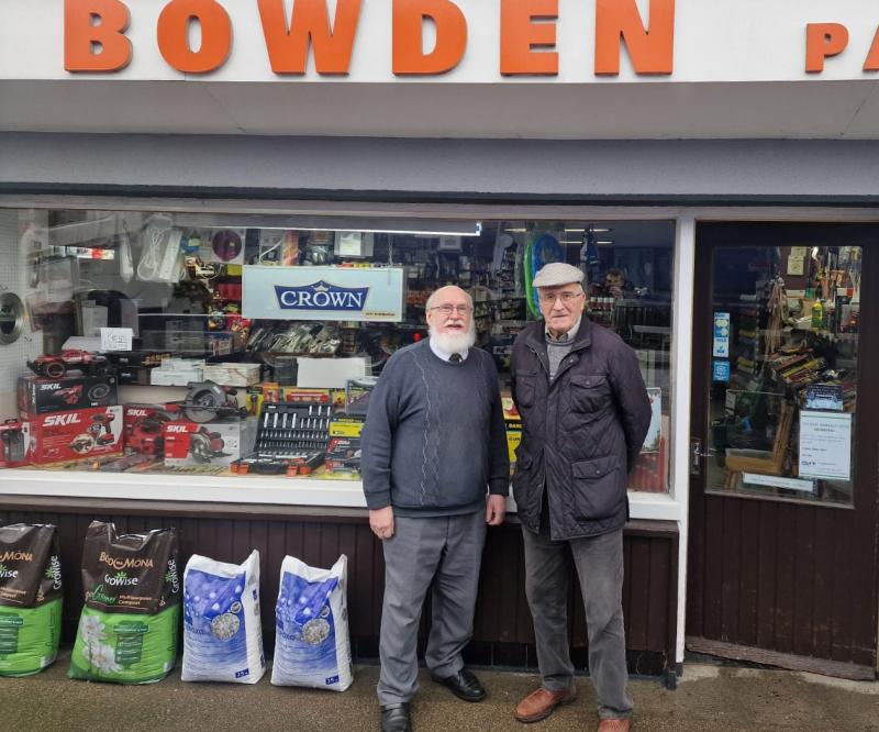 John Bowden and Tom Hickey pictured outside the popular Bowdens Hardware, Main Street, Urlingford ahead of the upcoming election.