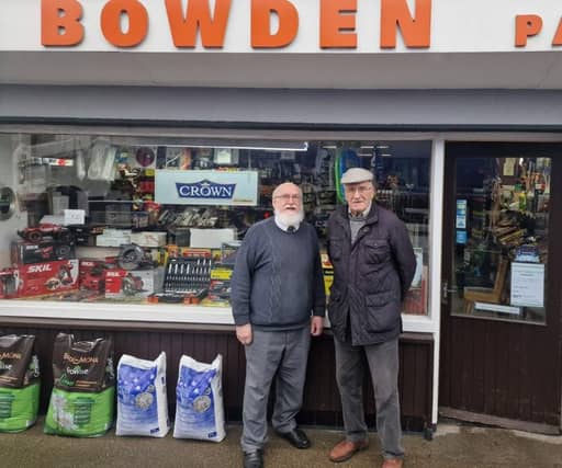 John Bowden and Tom Hickey pictured outside the popular Bowdens Hardware, Main Street, Urlingford ahead of the upcoming election.
