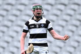 Seán Hunt of St Kieran's College celebrates after scoring a point during the Masita GAA Hurling Post Primary Schools Croke Cup final