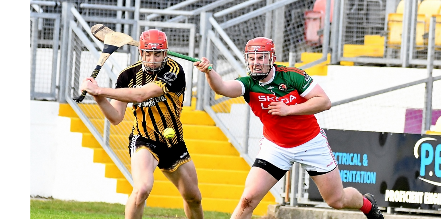 James Maher has a shot at goal hooked by Adam O’Connor. Picture: Willie Dempsey