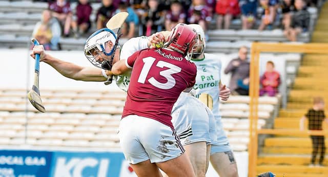 O’Loughlin Gaels full back Huw Lawlor attempts to fend off the challenge of Dicksboro’s Cillian Hackett during Sunday’s SHC clash. Picture: Willie Dempsey