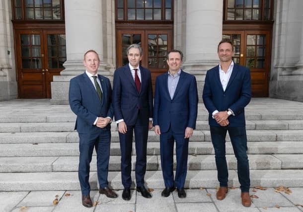 L-R) Michael Lohan, chief executive of IDA Ireland; Taoiseach Simon Harris; Hugo Sarrazin, UKG president; and Immedis co-founder Richard Limpkin.
