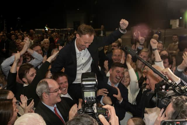 Taoiseach and Fine Gael leader Simon Harris, Tanaiste and Fianna Fail leader Micheal Martin, Sinn Fein president Mary Lou McDonald and Labour leader Ivana Bacik were all in attendance to congratulate their candidates amid celebratory scenes at the RDS count centre.