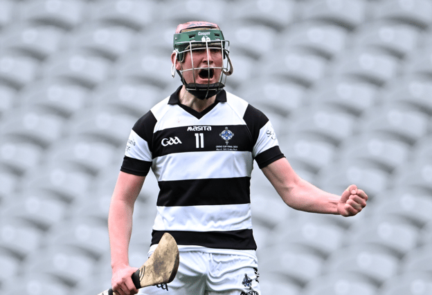 Seán Hunt of St Kieran's College celebrates after scoring a point during the Masita GAA Hurling Post Primary Schools Croke Cup final