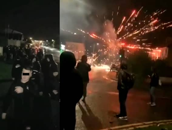 Two images from videos taken and posted online of teens running amok in a Kilkenny neighbourhood on Hallowe'en night