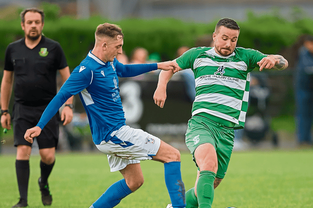 Action from the meeting of Evergreen and Freebooters in the St Canice’s Credit Union Premier Division on the Kells Road last Sunday morning. Picture: Mark Desmond