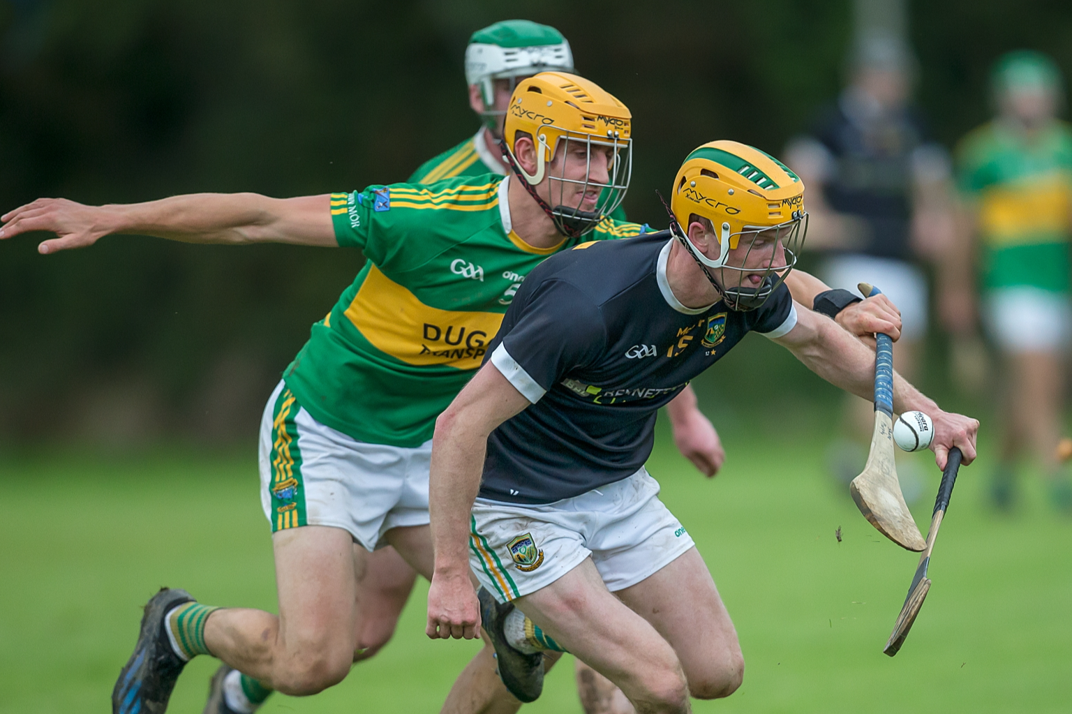 Bennettsbridge’s Sean Morrissey is tackled by Glenmore’s Shane Murphy. Picture: Mark Desmond