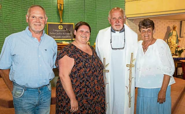 Fr Jackie Robinson celebrating the golden anniversary of his ordination with brother-in-law, Dermot Tyrrell, niece Emer Tyrrell and sister Mary Tyrrell