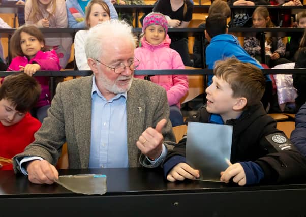 Minister of State Noonan at SETU's campus in Carlow with students from Carlow Educate Together and St Joseph's National School discussing the importance of bioplastics and the environment