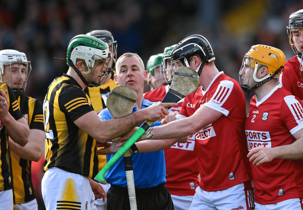 Players from both sides tussle during the Allianz Hurling League Division 1 Semi Final match between Kilkenny and Cork at UMPC Nowlan Park. Photo: David Fitzgerald/Sportsfile