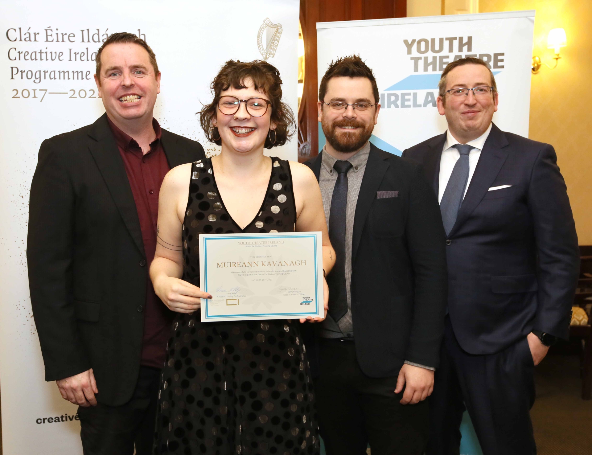 Pictured is Muireann Kavanagh from Kilkenny with, from left, Dave Kelly, YTI National Training Coordinator, Barry Morgan, YTI Special Projects Officer, and Eoghan Doyle, YTI Director