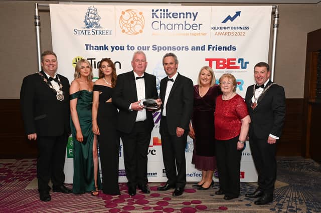 Brian Keyes, Chamber President, with HiTec Medicare, the winners of the Overall Business of the Year Award, and Cathal Smyth (State Street) and Cllr Pat Fitpzatrick, Kilkenny County Council