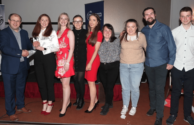 Macra President John Keane presents members of Callan Macra with their trophy for ‘Leinster Club of the Year’ and Macra’s national conference/ rally, last weekend