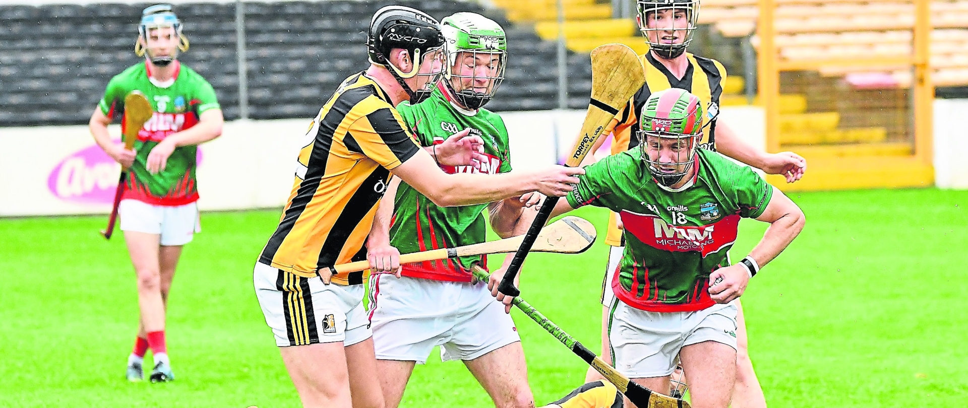 Sean Lester (Rower-Inistioge) finds his path into clear space stopped by Ben Whitty (Danesfort) during their IHC county semi-final in UPMC Nowlan Park on Sunday.  Picture: Willie Dempsey