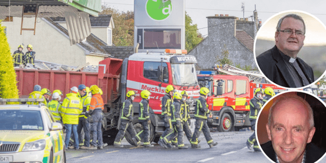 The scene after the explosion in Creeslough and (insets) Fr John Joe Duffy and Liam McElhinney. Photo: North West Newspix