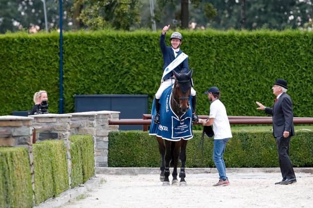 Mikey Pender celebrates victory at his first Five Star Grand Prix for Hughes Horse Stud