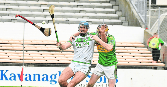 Hurls fly as Colin Fennelly and Eoin Aylward battle for the ball during Sunday’s clash in Nowlan Park. Picture: Willie Dempsey