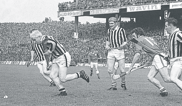 Kilkenny’s Jim Tracey (left), Pat Henderson and Fan Larkin (right), in action against Frankie Nolan (Limerick) during the 1974 All-Ireland senior hurling final at Croke Park Pictures: Connolly Collect