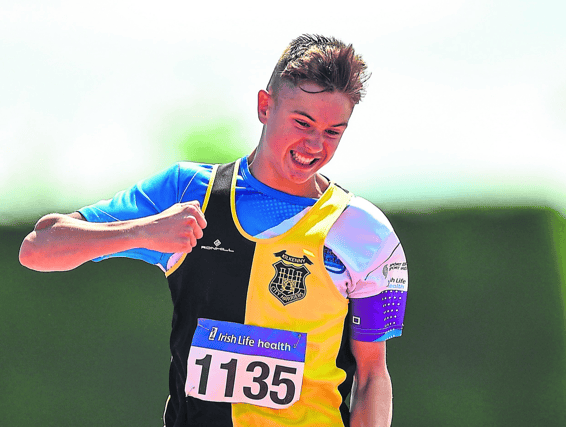 Matais Quaglia (KCH) celebrates winning the boys’ under-14 200m title at the Irish Life Health National Juvenile Track and Field Championships in Tullamore. Picture: Diarmuid Greene/Sportsfile