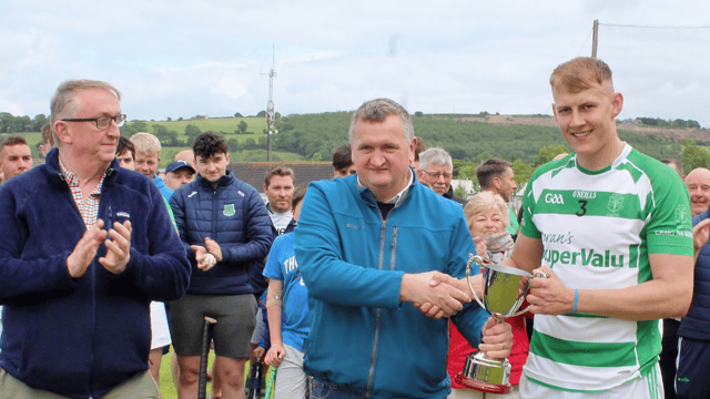 Graignamanagh captain Joe Dowling receives the trophy From PJ Kenny, vice-chairman Kilkenny Co Board. Also pictured is JJ Kavanagh, sponsor Junior All County League. Picture: Willie Dempsey