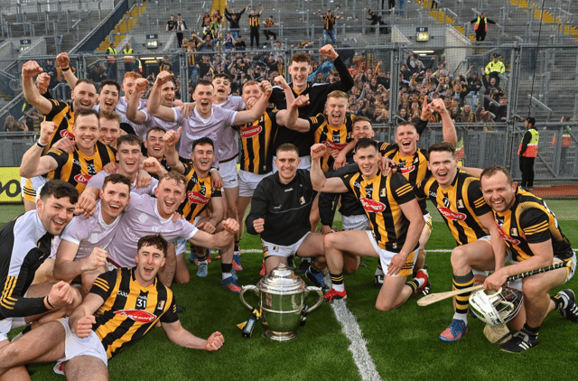 The Kilkenny team celebrate after the Leinster GAA Hurling Senior Championship Final match between Galway and Kilkenny at Croke Park in Dublin. Photo by Ramsey Cardy/Sportsfile