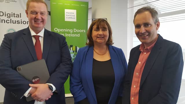At the launch of NCBI’s IA Labs: Kyran O’Mahoney, Chief Technology Officer with the National Council for the Blind of Ireland, Minister Anne Rabbitte and Joe Lonergan, Callan, IT trainer with IA Labs
