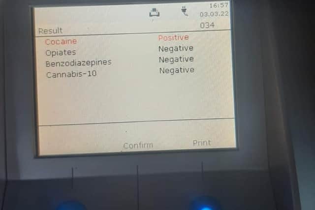 A positive result for cocaine was identified on the road side test (see below).