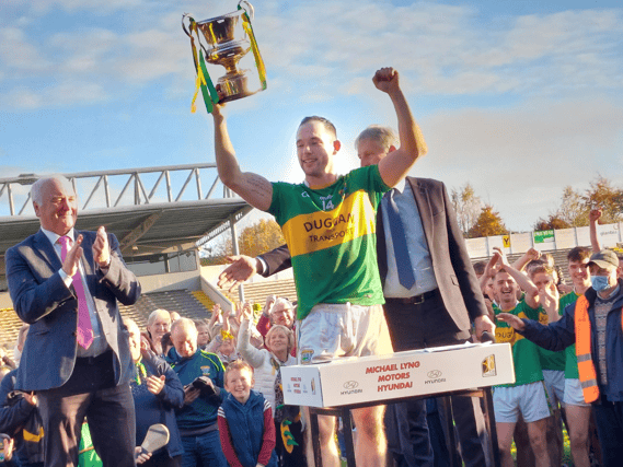 Glenmore captain Ger Aylward celebrates at the end of their Kilkenny IHC final victory over St Lachtain's