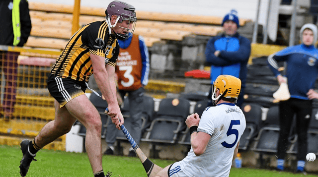 St Lachtain’s Darragh Maher attempts to get the ball past John Henderson of Fenians. Pic: Willie Dempsey